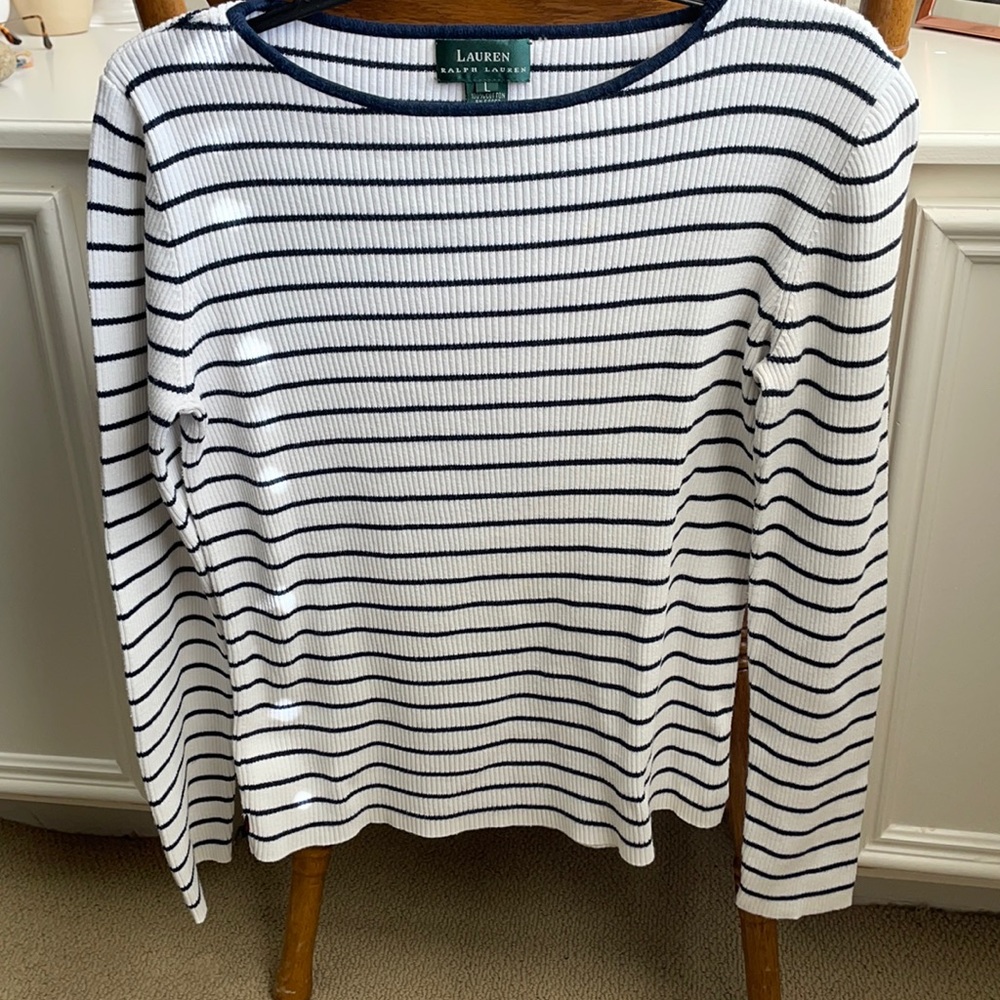 Ralph Lauren, large, off-white with navy blue stripes.